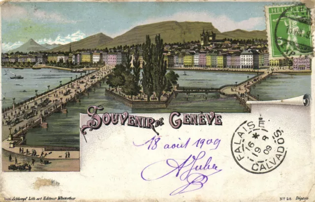 PC SWITZERLAND, SOUVENIR DE GENÉVE, Vintage LITHO Postcard (b29435)