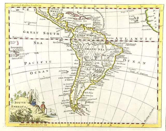 1754 America south and Islands map by Thomas Jeffreys engraved with colour
