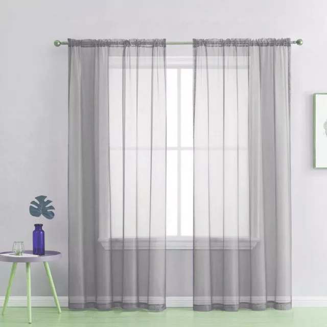 Pair (2 Panels) Voile Curtains Net Slot Top Gray Sheer Door Window Curtain NEW