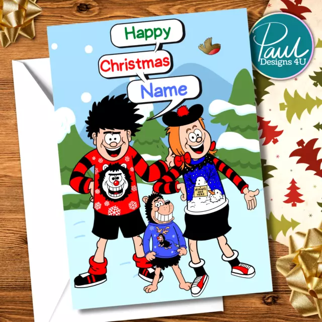 Personalised Christmas Card Beano Comic Dennis the Menace, Minnie the Minx