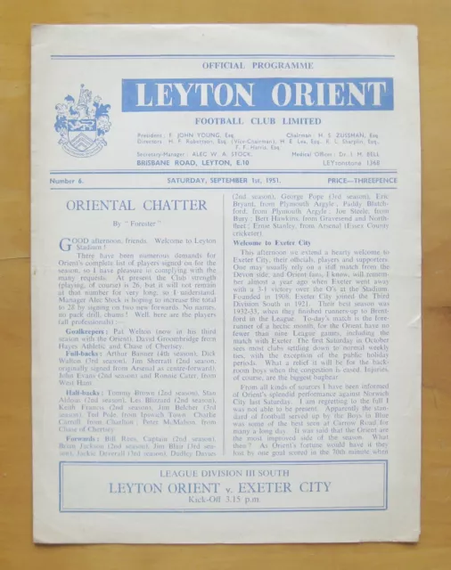 LEYTON ORIENT v EXETER CITY 1951/1952 *VG Condition Football Programme*