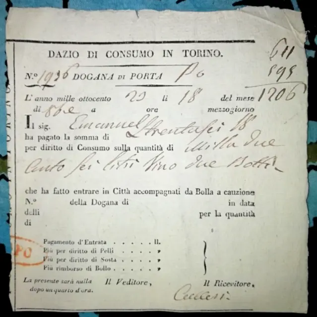 Torino - Dazio Di Consumo - Dogana Di Porta Po - Ricevuta Originale 1820