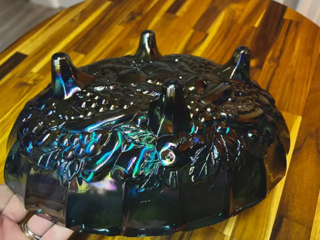 Vintage Iridescent Blue Indiana Carnival Glass Footed Oval Fruit Bowl  Gorgeous