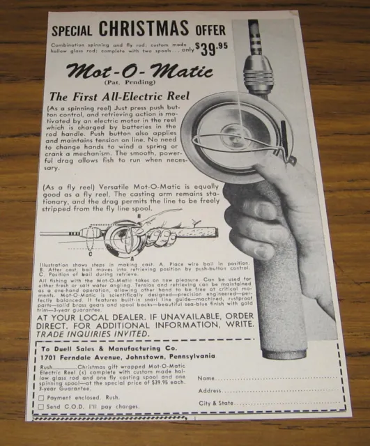 1956 Vintage Ad Mot-O-Matic First All-Electric Fishing Reel Fly or Spinning