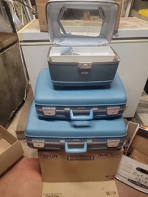 Vintage Fliteway Hard Case Travel Suitcase Blue Travel Set Of 3 Luggage+Keys