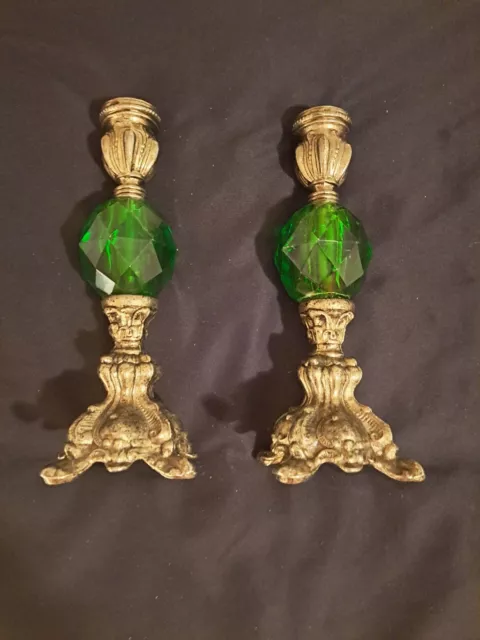 Pair of Antique Bronze Emerald Green Candlestick Holders