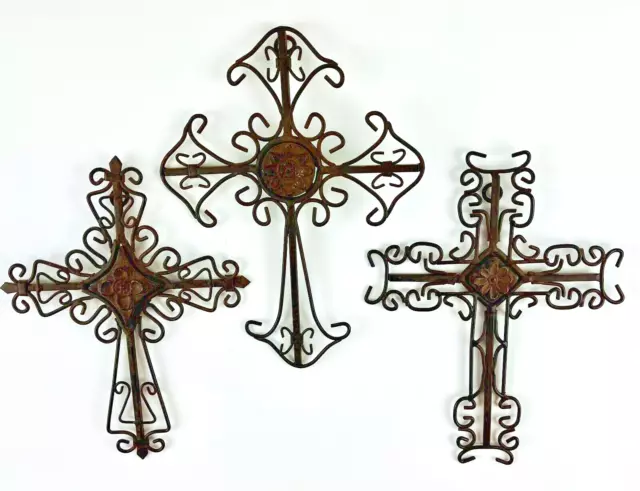 Decorative Ornate Wall Crosses Metal Fleur-de-lis 8in tall Rustic iron set of 3