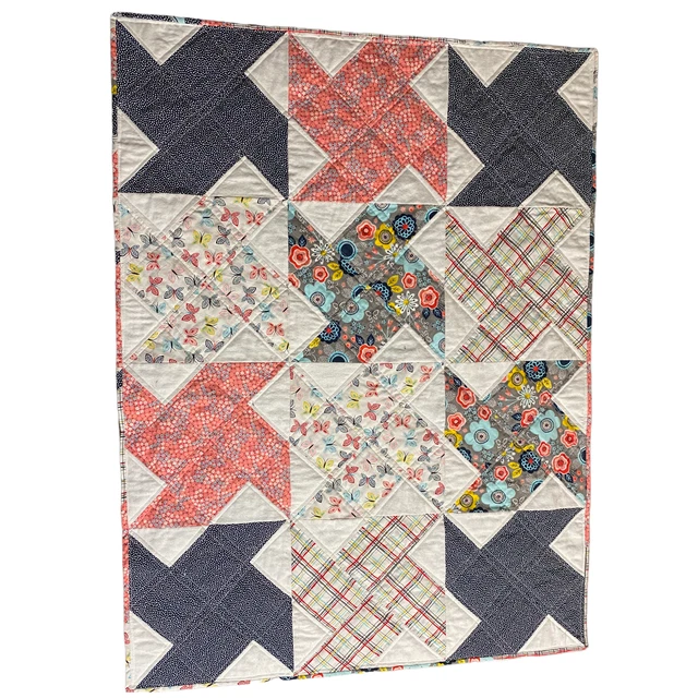 Homemade Handcrafted Pinwheel Flower, Plaid, Pink, Gray Baby Girl Quilt - 41x31"