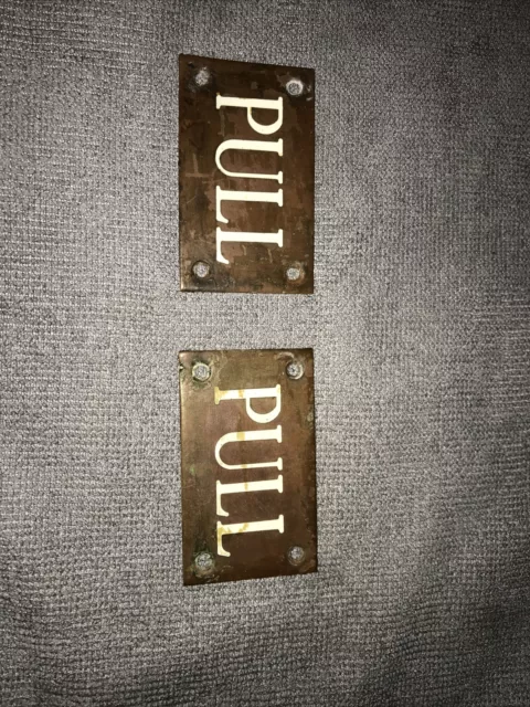 Vintage Brass Pull X2 Door Signs Door Furniture Heavy Gauge Brass White Inlay