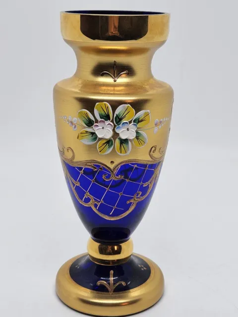 Vintage Bohemian Czech Egermann Cobalt Vase w/Hand Painted Flowers & 24K Overlay