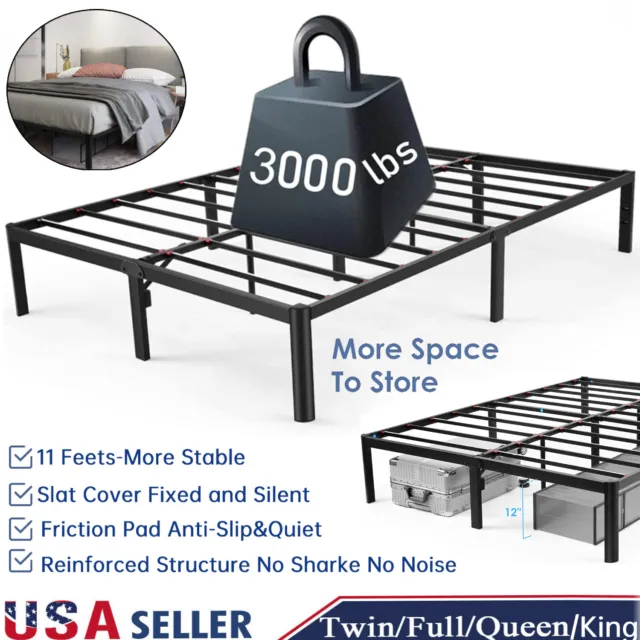 14"Bed Frame No Spring Box Needed Metal Platform Full/Queen/King Size Heavy Duty