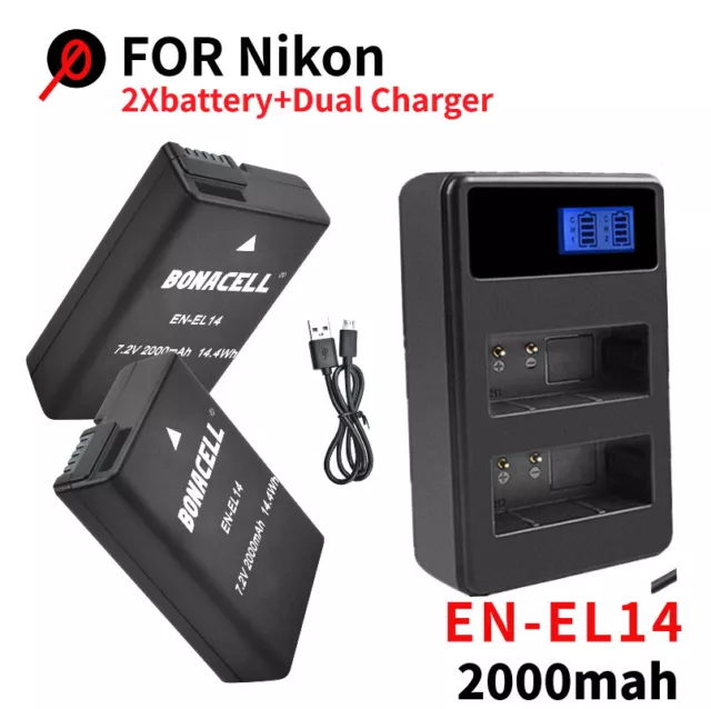 For Nikon 2000mAh EN-EL14 EL14A Battery / LED Dual Charger D3200 D3100 D5100