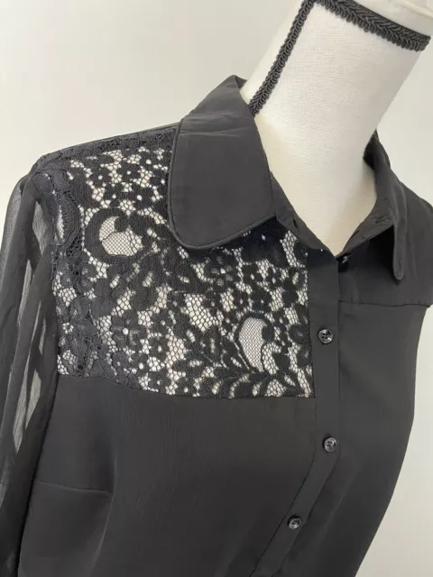 Topshop Shirt Womens Size 12 Button Up Black Chiffon Transparent Tunic N205 2