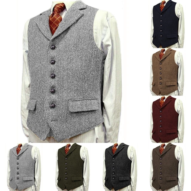 Uomo Gilet senza Maniche Slim Fit Canottiera Tweed Business Bottoni