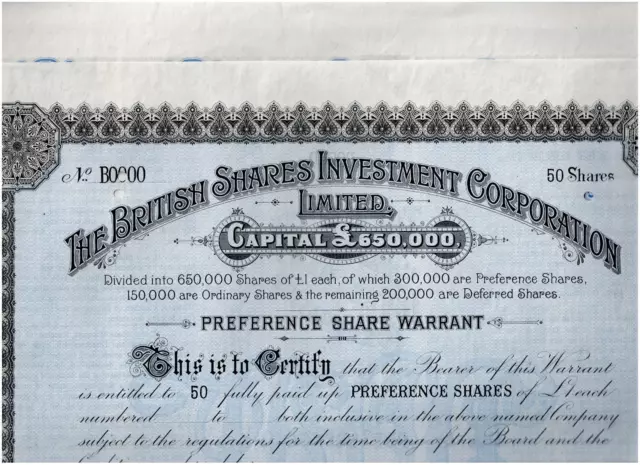 The British Shares Investment Corp., Ltd., 18xx, 50 Pref. Shares, SPECIMEN, VF