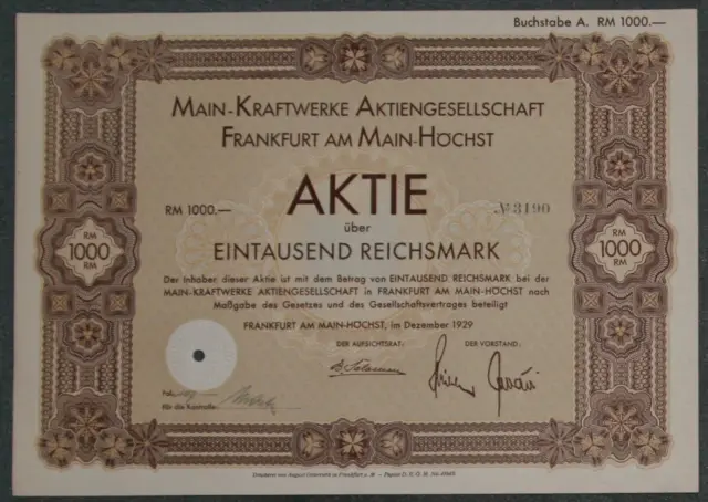 Main-Kraftwerke Aktiengesellschaft 1929 1000 RM