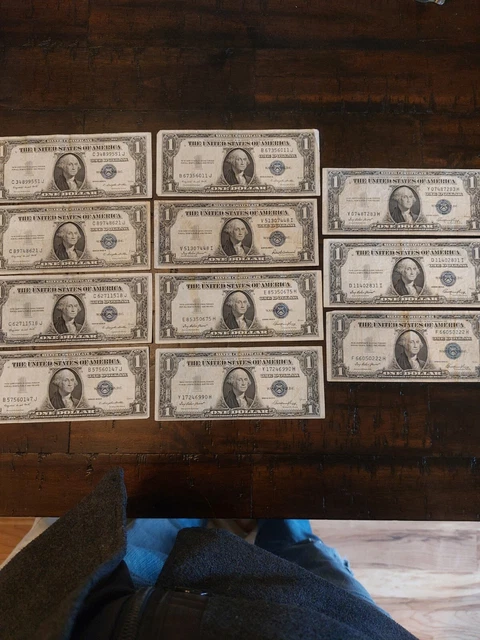 LOT OF 11 DATED 1935 E, F, G $1 BLUE SEAL SILVER CERTIFICATES Mixed conditions