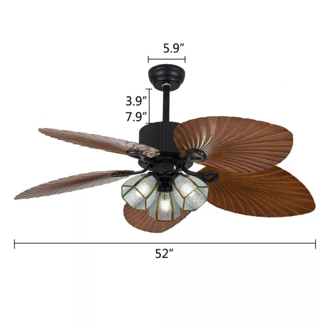 52” Ceiling Fan w/ Light Kit Tropical Five Hand-carved Palm Leaf Blades Indoor 2