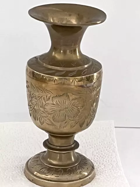Vintage India Brass Engraved Urn Vase Floral & Leaves Etched on Bottom   6" tall