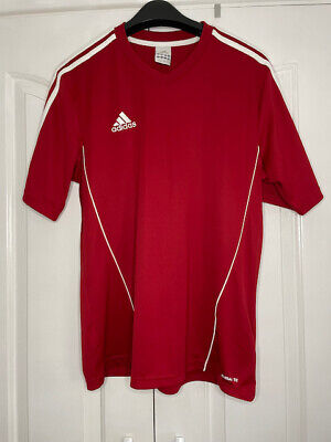 Adidas T-shirt rossa grande logo a maniche corte e righe sulla manica, collo rotondo