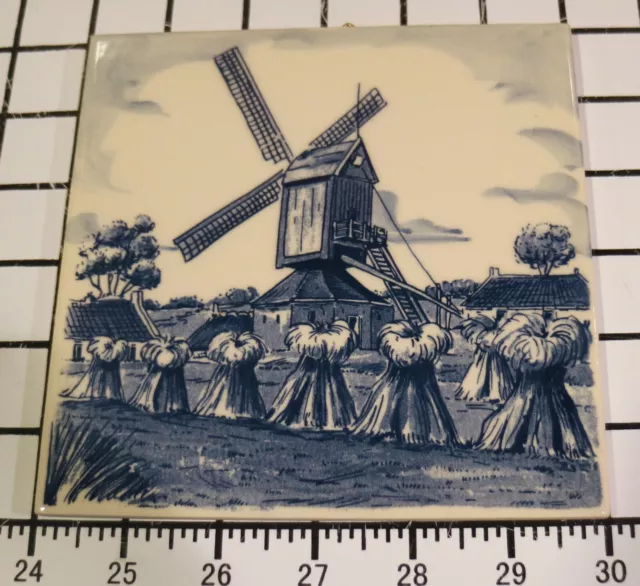 Vtg Delft Blauw Distel Hand Painted Holland Tile Trivet Windmill 6” X 6”