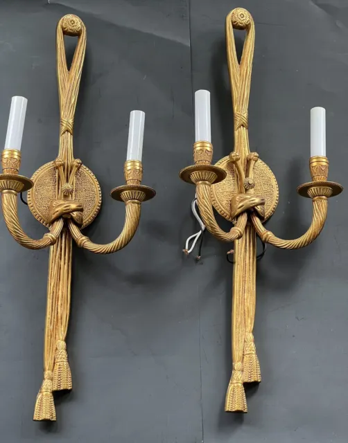 PAIR Vintage French Gold Gilt Rope Tassel Wall Sconce 2 Light Louis XVI Style 24