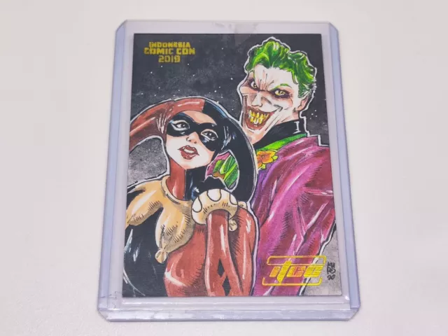2019 ITCC Trading Card Sketch 1/1 DC Batman HARLEY QUINN & JOKER by Kurobhie