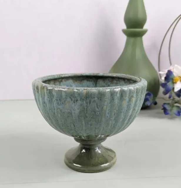 Vtg Haeger USA Green/Teal Pedestal Ribbed Footed Compote Planter Bowl 5" Tall