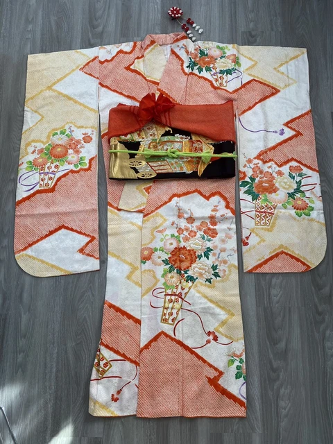Vintage Japanese Silk Shibori Furisode Kimono, Obi, Obijime, Obiage & Kanzashi