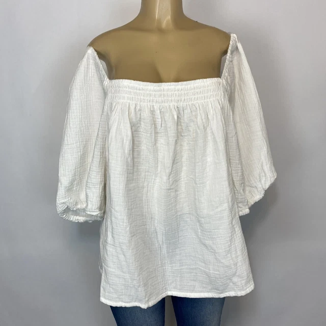 Sanctuary ivory elbow bubble sleeve gauze deep square neck Shirt Womens Size 3X