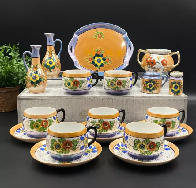 Vintage CHIKARAMACHI Japan TEA SET Peach Orange Blue LUSTERWARE Floral Set of 18