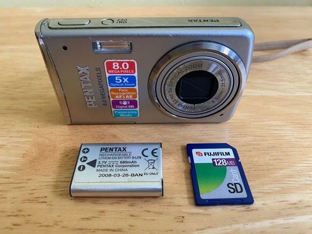 Pentax Optio M50 8.0MP Silver Digital Camera with memory card, charger & battery