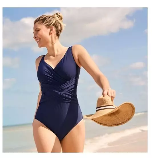 Lands' End Petite Slender Tummy Control Chlorine Resist V-neck Wrap Swimsuit 12P