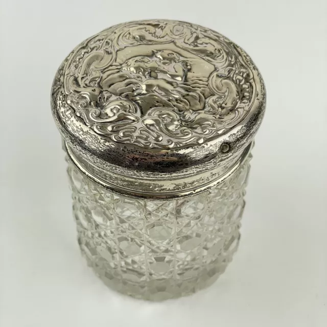 Antique Solid Silver Topped Cupid Jar Levi & Salaman 1902 9cm