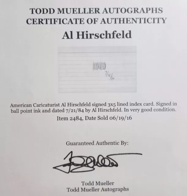 "Caricaturiste" Al Hirschfeld carte signée à la main 3x5 Todd Mueller COA 2