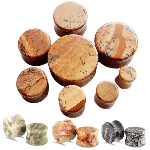 2pc Natural Stone Flesh Tunnel Double Flared Ear Plug Multi Size Marble Expander
