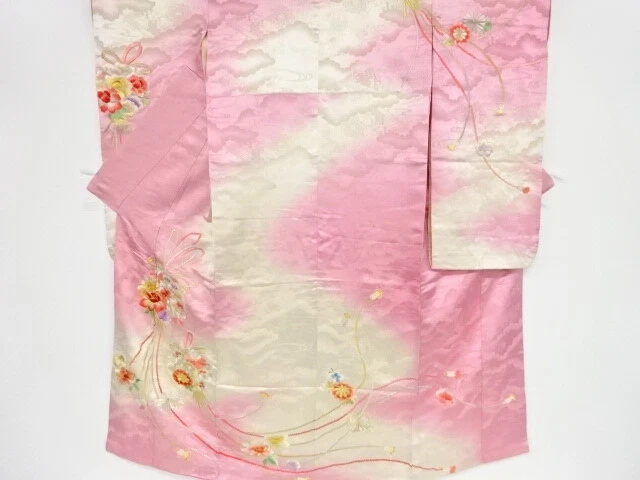 82771# Japanese Kimono / Antique Furisode / Embroidery / Floral Ball