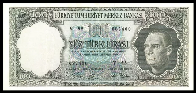 🇹🇷 TURKEY ATATURK 100 LIRA 1969 , VF++/ XF , P-182 Prefix : V 55 BANKNOTE