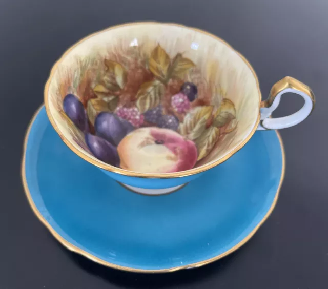 Hand Painted Aynsley Orchard Fruit Turquoise Teacup & Saucer Signed D. Jones