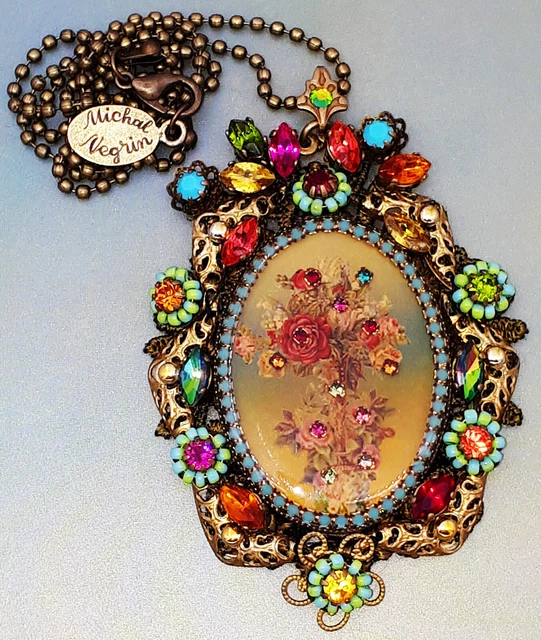 Michal Negrin Large Pendant Necklace Victorian Flowers Cameo Multicolor Crystals