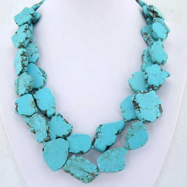Thick two rows of slate turquoise necklace beads, 15x25mm turquoise beads,