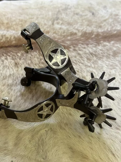 Adult Size Brown Steel Spurs with Engraved Silver and Jingle Bobs On Rowels PAIR