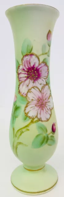 Vintage UCAGCO China Japan Vase Handpainted Green With Pink Flowers Beaded Paint