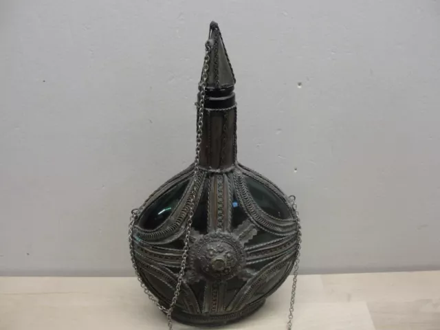 Antique Metal Wrapped Decanter Glass Bottle Ornate