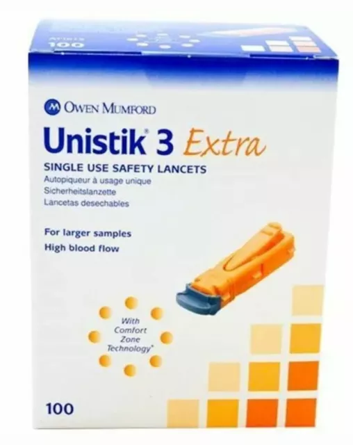 Unistik 3 Extra Single Use Safety Lancets Pack of 100 Brand New