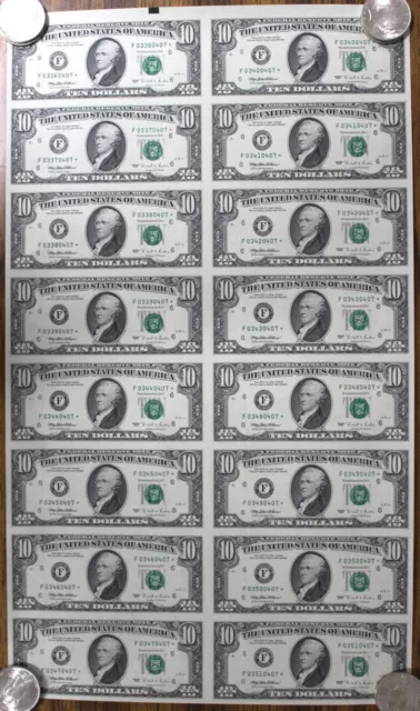 1995 $10 Uncut Sheet Of 16 Us Ten Dollar Bills - Atlanta Georgia Star Notes