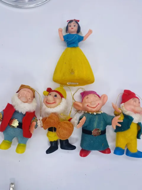 Vintage Walt Disney Snow White Christmas Ornaments 4 Dwarves Flocked Plastic