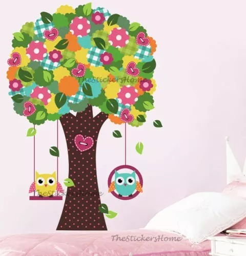 Colourful Flower Tree Swing Owl Wall Sticker Art Decal Nursery Kids Decor