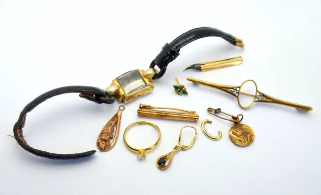 1930s LOT GOLD FILLED, ROLLED PARTS, ORNAMENTS, BROOCH EARRINGS SCRAP 24,2gram