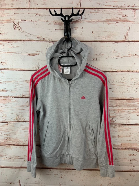 Adidas Girls Hoodie 14 Years Grey Pink Full Zip Logo Casual Sweater Kids Pockets
